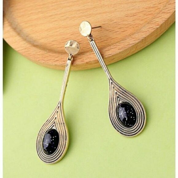 Blue Resin Rhinestone Vintage Gold Drop Dangle Statement Earrings - Picture 8 of 10